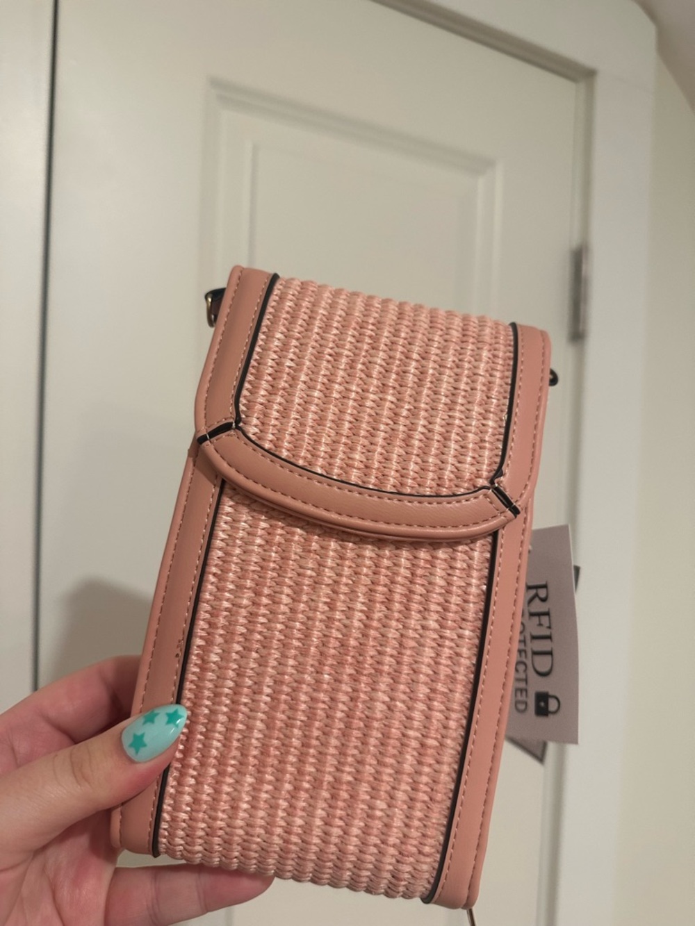 Pink Woven Mini Crossbody Bag with RFID Shielding